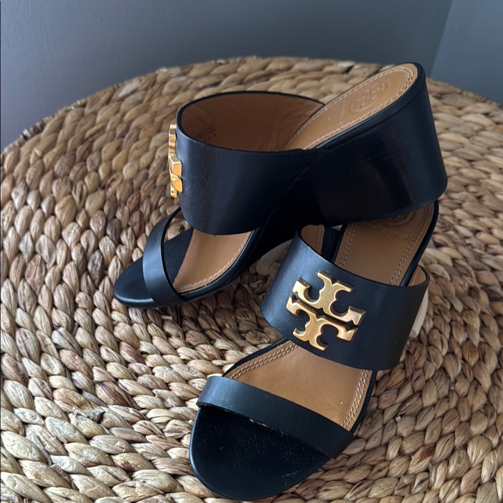 Tory Burch Black and Gold Wedge Shoes